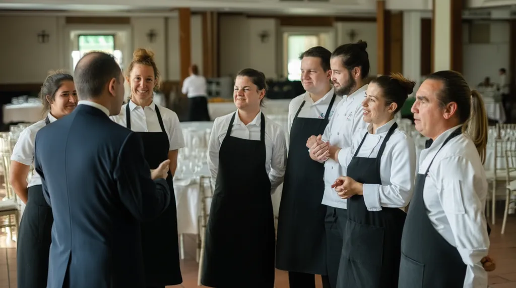 Maître d’hôtel faisant le briefing d’une équipe avant un événement
