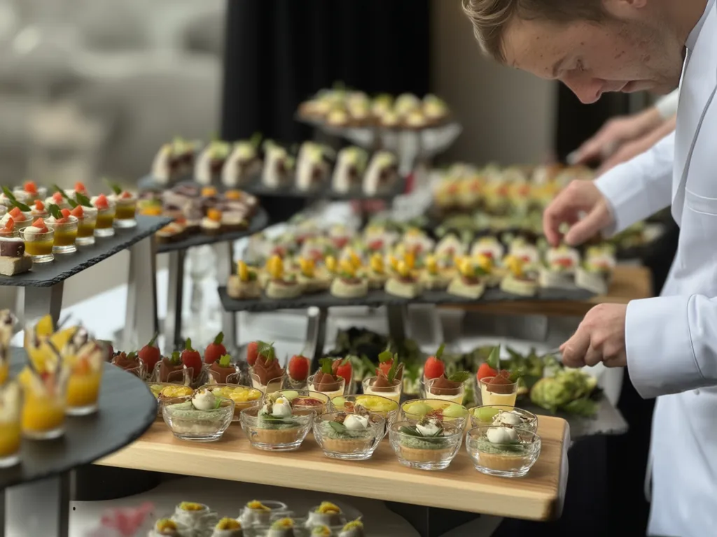 Traiteur disposant des pièces de cocktail sur un buffet