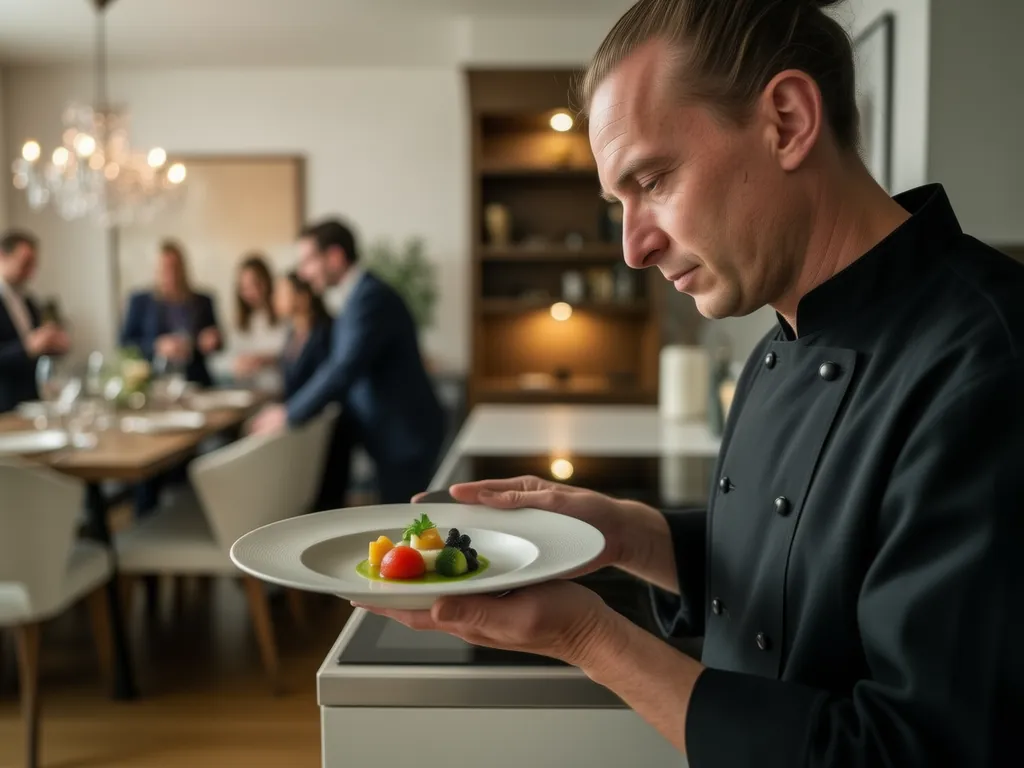 Chef à domicile dressant une assiette dans une cuisine d’appartement