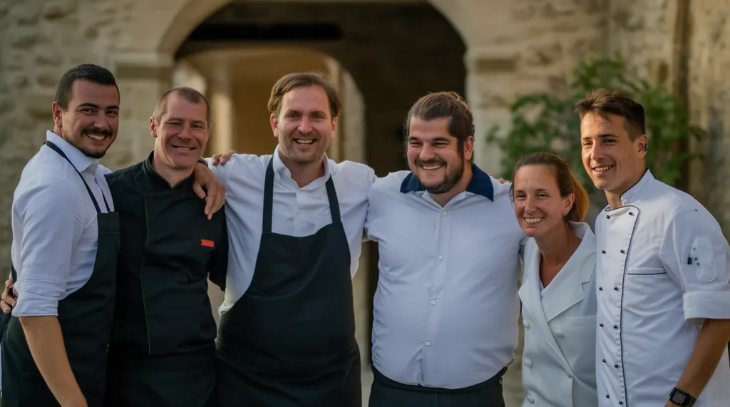 Équipe d’extras en tenue devant l’entrée de service d’un château