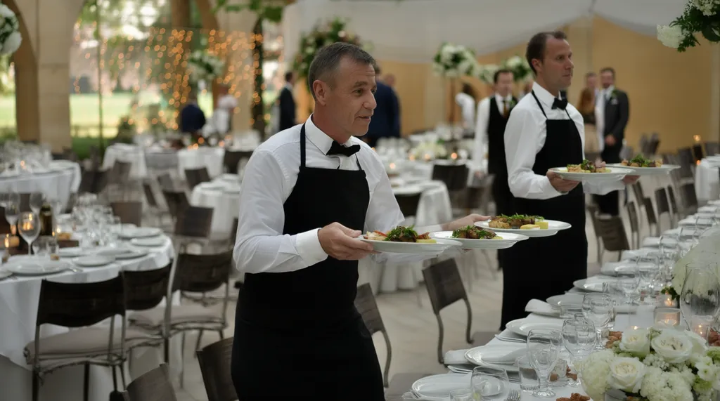 Serveurs portant des assiettes dressées lors d’un dîner de mariage