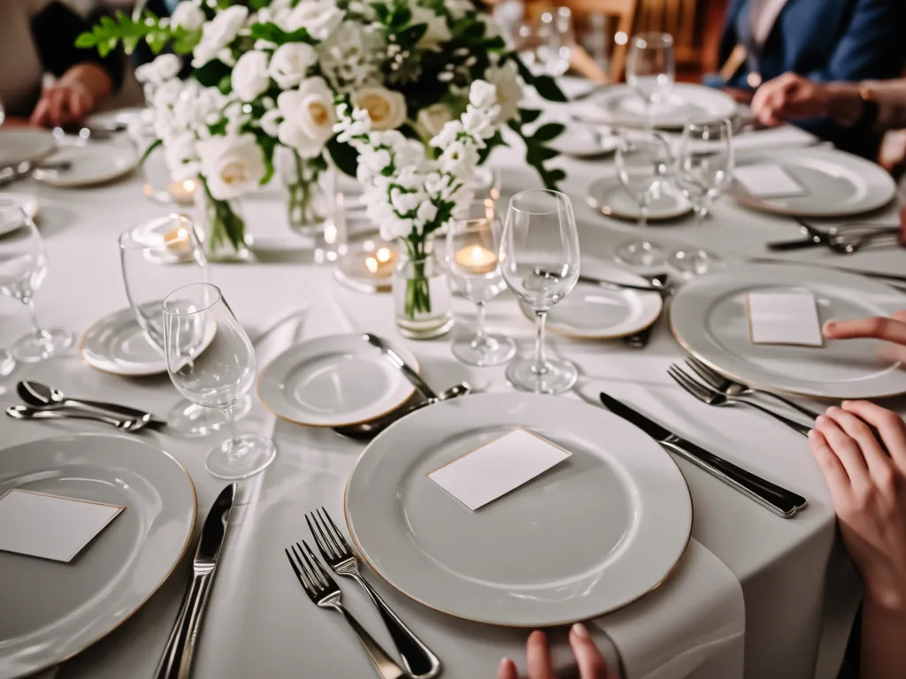 Table ronde de mariage dressée avec cartes de placement